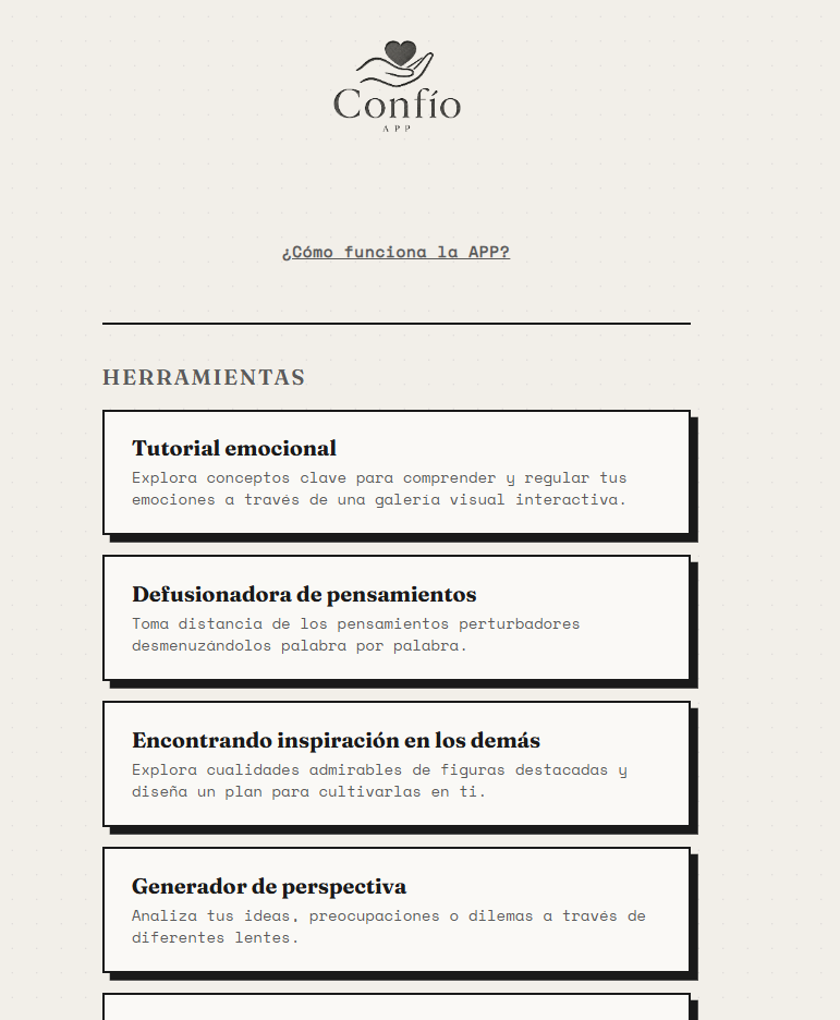 Captura real de la App Confío mostrando las herramientas interactivas
